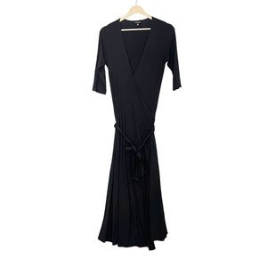 J. Peterman Slinky Stretchy Jersey Knit Wrap Midi Dress Size XS Black 3/4 Sleeve